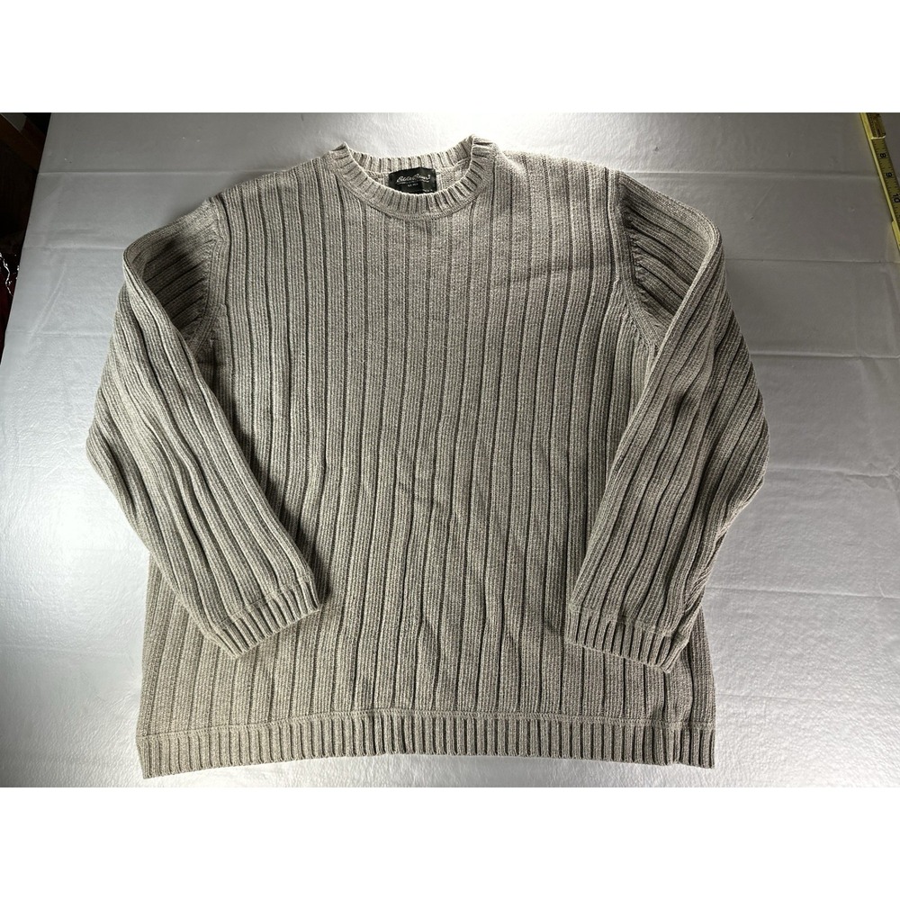 VTG‎ Eddie Bauer Ribbed Sweater Mens 2XL Beige Tan Pullover Crewneck Grandpacore